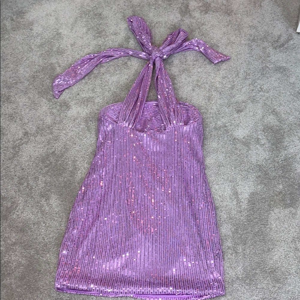 Purple Sequin Halter Dress